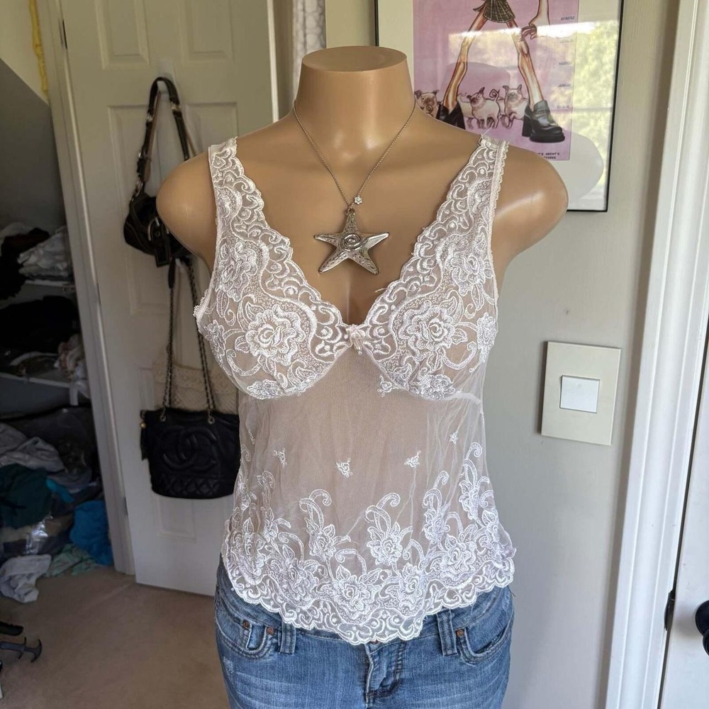 y2k 2000s white sheer embroidered lace lingerie top